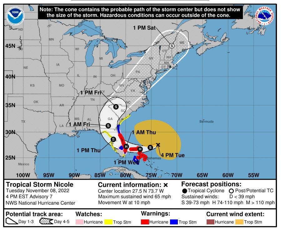 Tropical Storm Nicole forecast map at 4 p.m. Tuesday Nov. 8, 2022.