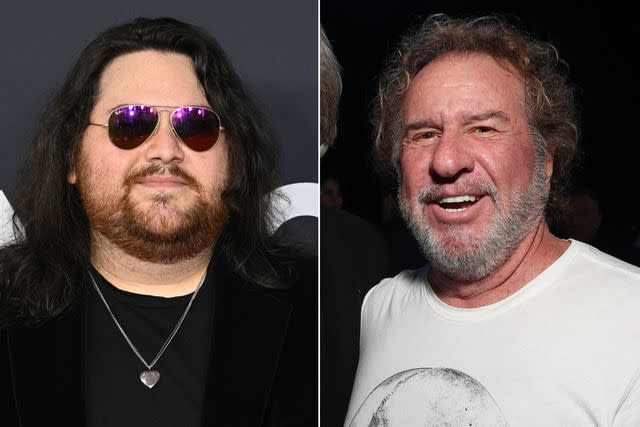 <p>Gilbert Flores/Billboard via Getty Images; Kevin Mazur/Getty Images</p> Wolfgang Van Halen and Sammy Hagar at the 2024 MusiCares Person of the Year event