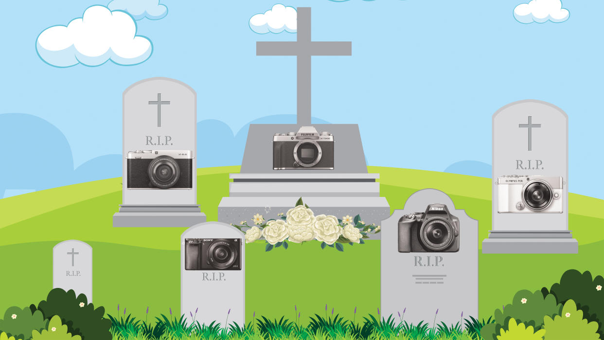  Vector graphic cartoon of old cameras in a graveyard. 