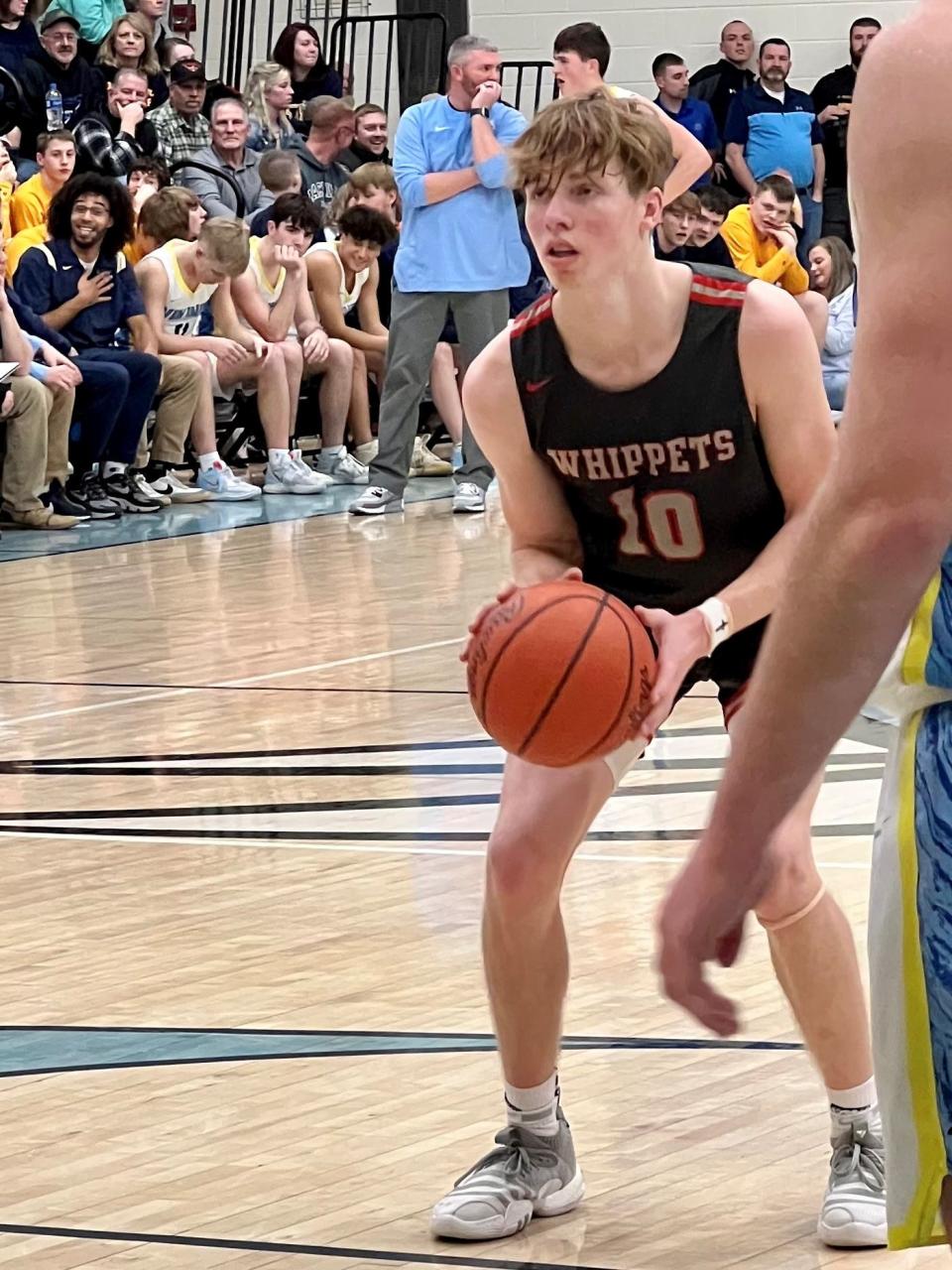 Shelby's Casey Lantz shoots a free throw during Saturday night's Mid Ohio Athletic Conference boys basketball game at River Valley.