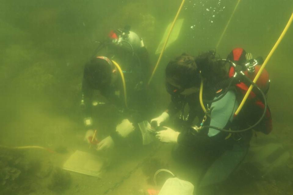 Underwater archaeologists excavate a site in Apalachee Bay.