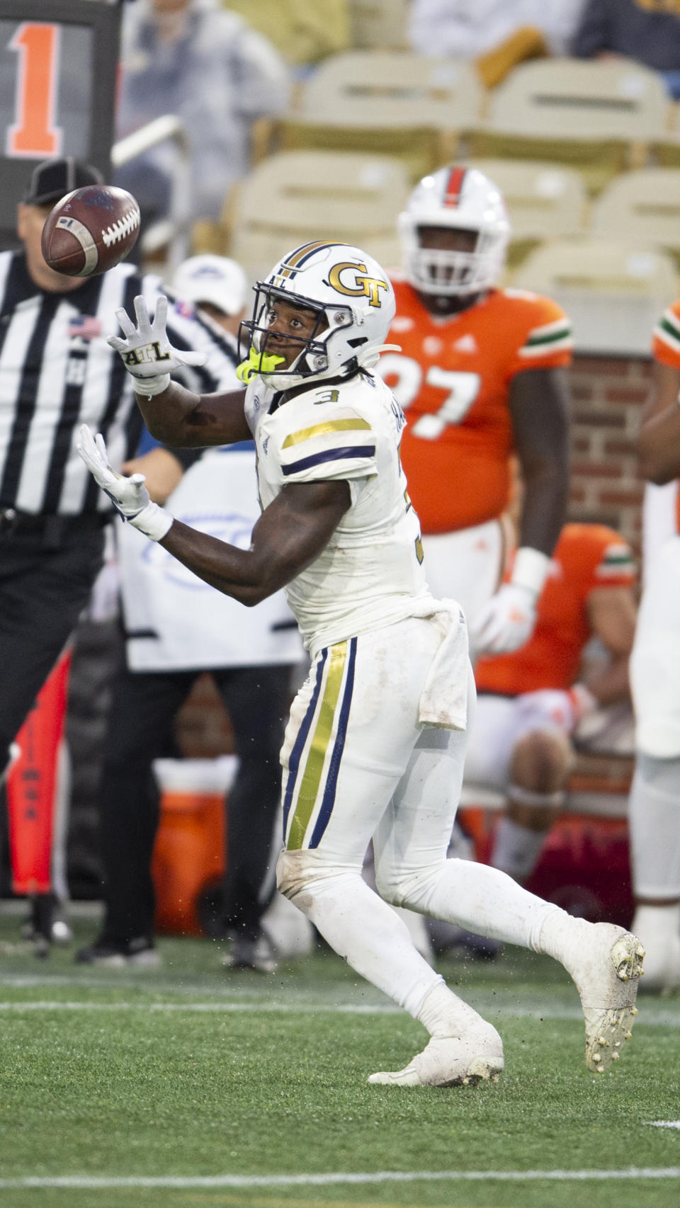 Georgia Tech running back Hassan Hall catches a pass in the second half of an NCAA college football game against Miami, Saturday, Nov. 12, 2022, in Atlanta. (AP Photo/Hakim Wright Sr.)