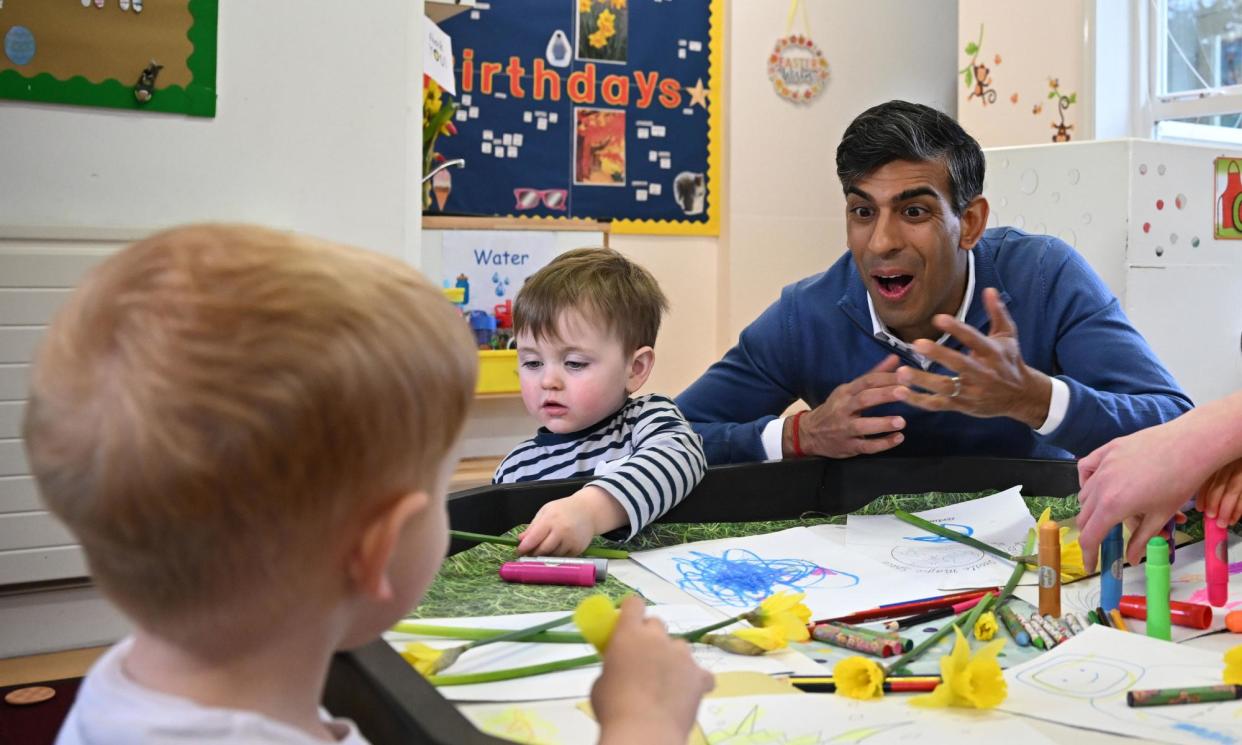 <span>Prime minster Rishi Sunak marked the extension of free childcare to two-year-olds, at a nursery in Hartlepool, County Durham, last week. </span><span>Photograph: Paul Ellis/PA</span>