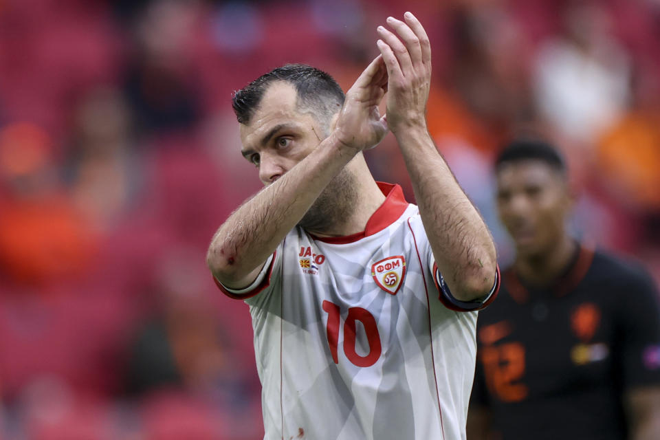 North Macedonia's Goran Pandev reacts during the Euro 2020 soccer championship group F match between North Macedonia and Netherlands, at the Johan Cruyff ArenA in Amsterdam, Netherlands, Monday, June 21 2021. (Kenzo Tribouillard/Pool via AP)