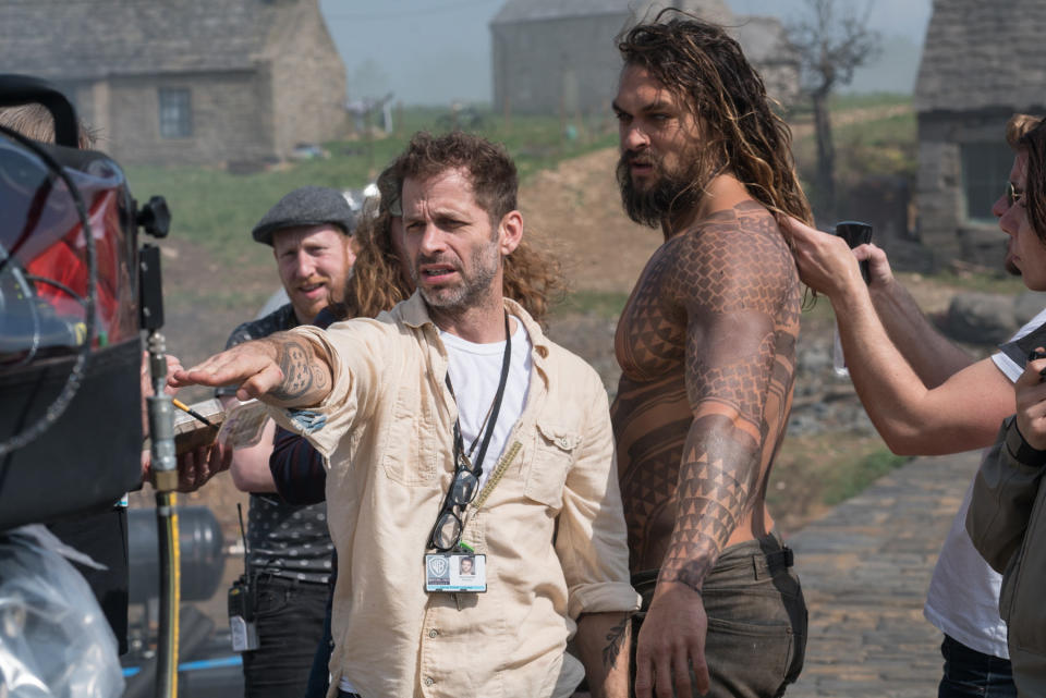 Zack Snyder and Jason Momoa on the set of ‘Justice League.’ - Credit: Clay Enos/Warner Bros