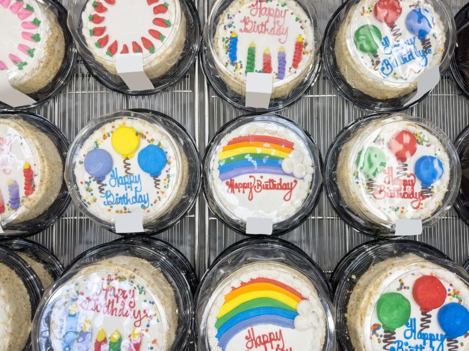 supermarket birthday cakes on display