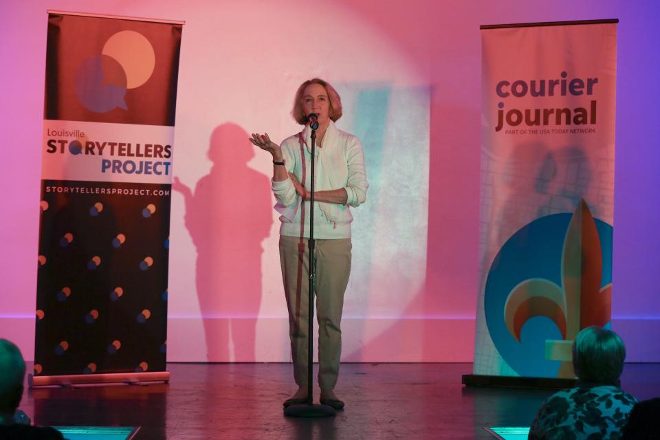 Courier Journal reporter Deborah Yetter shares a tale during the Stories about Stories Louisville Storytellers Project at PLAY.  Feb. 13, 2018