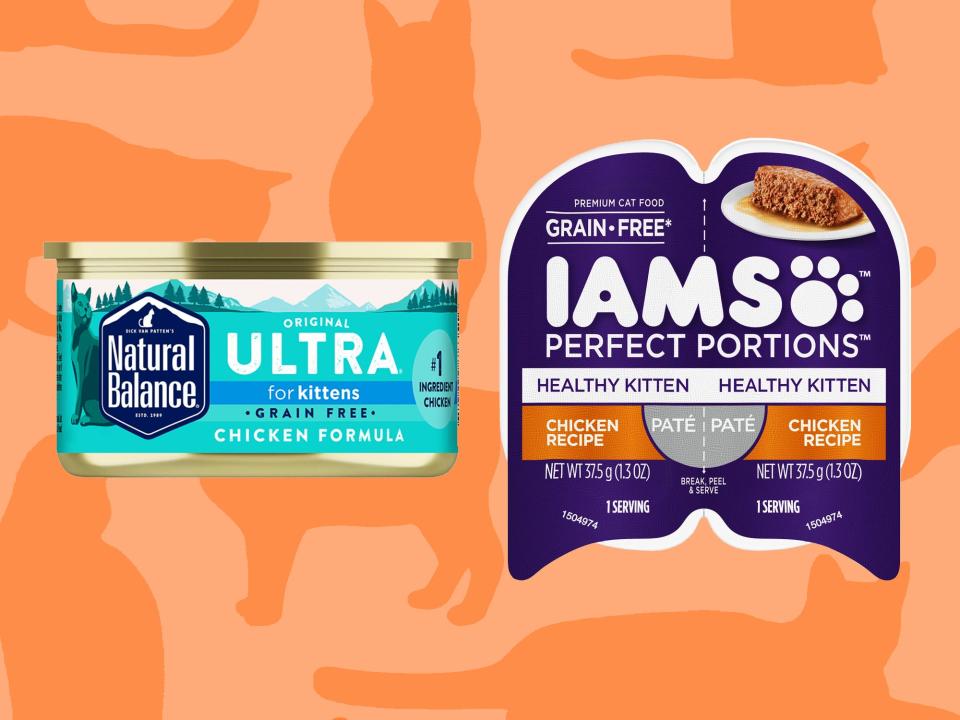 A can of Natural balance kitten food and a package of Iams kitten food on an orange background patterned with cat silhouettes.