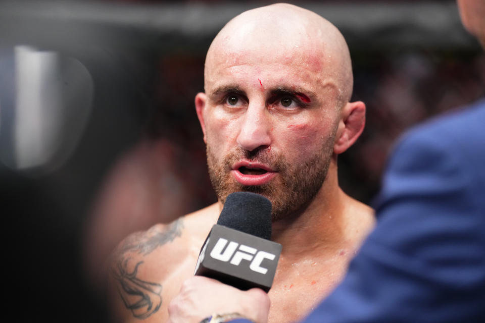 PERTH, AUSTRALIA - FEBRUARY 12: Alexander Volkanovski of Australia reacts after his decision loss to Islam Makhachev of Russia in the UFC lightweight championship fight during the UFC 284 event at RAC Arena on February 12, 2023 in Perth, Australia. (Photo by Chris Unger/Zuffa LLC via Getty Images)