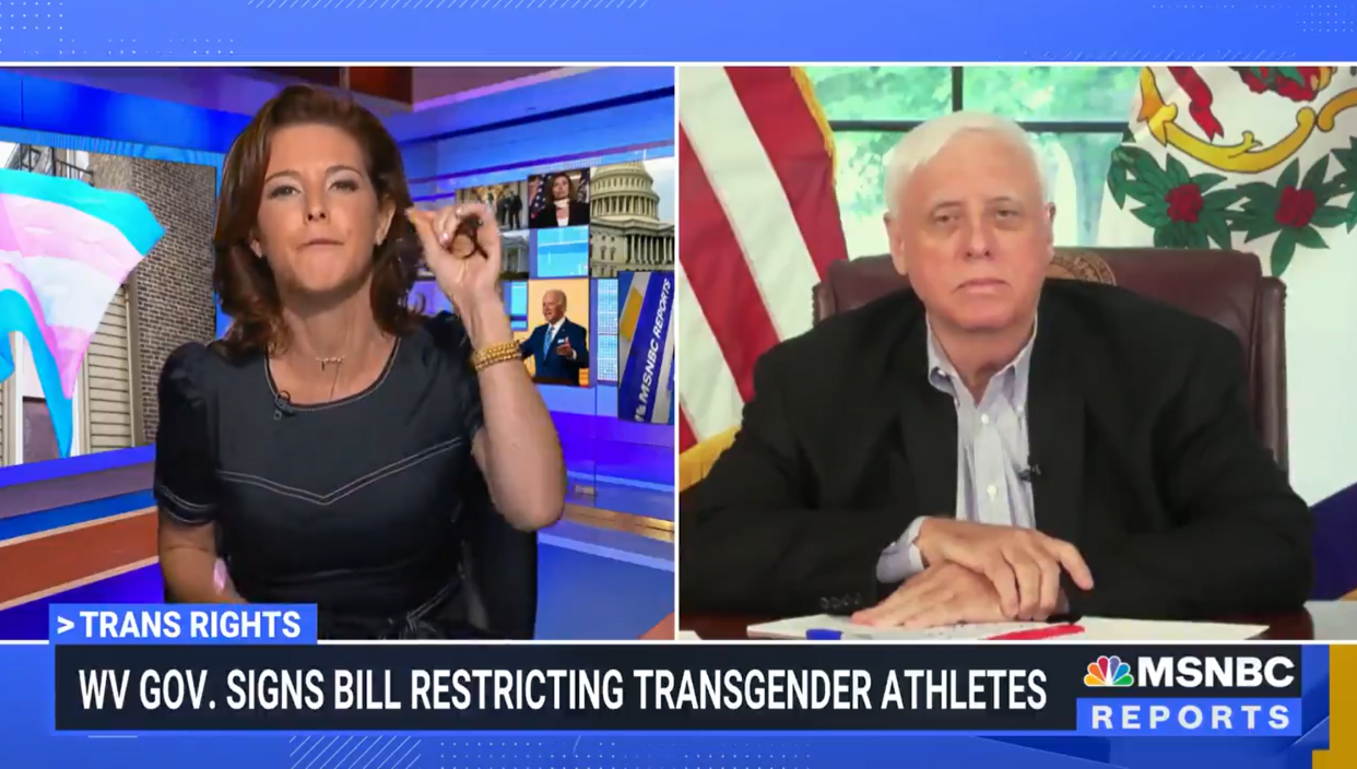 MSNBC anchor Stephanie Ruhle asks West Virginia governor Jim Justice why the state banned transgender athletes in female sports  (MSNBC)