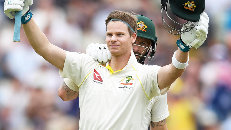 Steve Smith scored twin centuries in the first Ashes Test. (Photo by Gareth Copley/Getty Images)