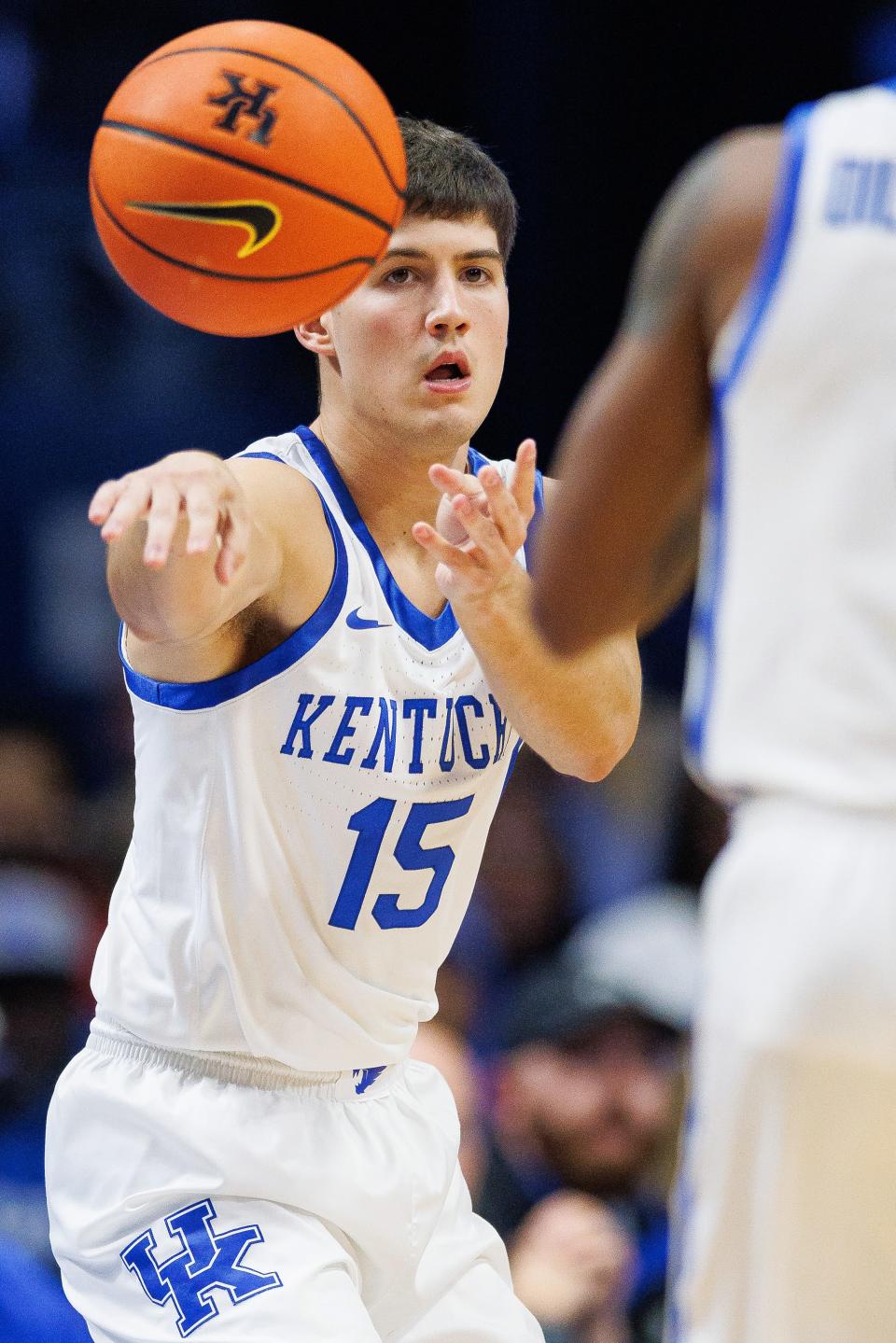 Wildcats freshman guard Reed Sheppard passes the ball during the first half against Miami. Sheppard had four assists in UK's 95-73 victory Tuesday night.