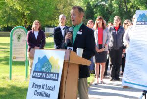  Josh Askvig, state director for AARP North Dakota, speaks June 20, 2024, during an event announcing the formation of Keep It Local, a coalition opposing a ballot initiative that would eliminate property taxes in North Dakota. (Michael Achterling/North Dakota Monitor)