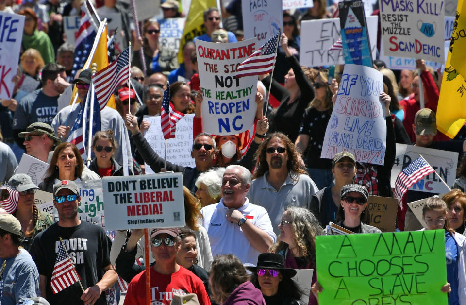 Protesters pressuring North Carolina Gov. Roy Cooper (D) to reopen the state amid the coronavirus pandemic in Raleigh on May 12, 2020. (Photo: Anadolu Agency via Getty Images)