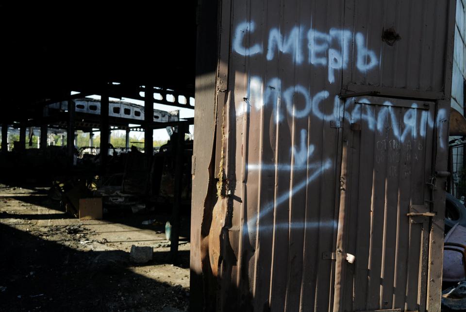 A Russian war symbol Z  on the door of the building (Reuters)