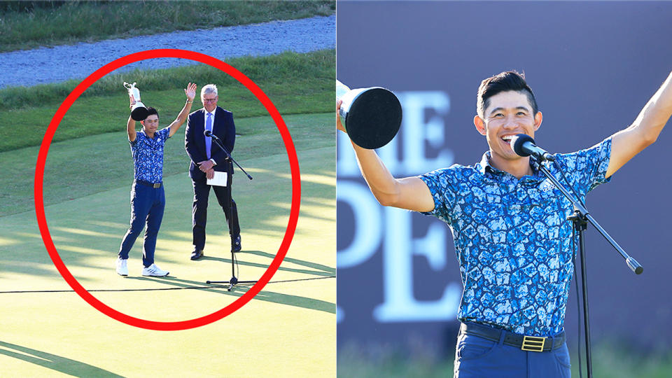 Collin Morikawa (pictured right) smiling during his victory speech and (pictured left) thanking the crowd at the British Open.