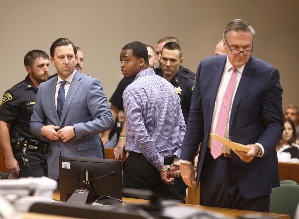 Kelvin Vickers is led out of court in handcuffs after being convicted on all counts including the murders of three people including Rochester police officer Anthony Mazurkiewicz, Richard Collinge and MyJel Rand. Vickers will spend the rest of his life in prison.