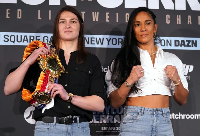 Katie Taylor (left) and Amanda Serrano during a press conference at The Leadenhall Building, London. Picture date: Monday February 7, 2022. (Photo by Adam Davy/PA Images via Getty Images)