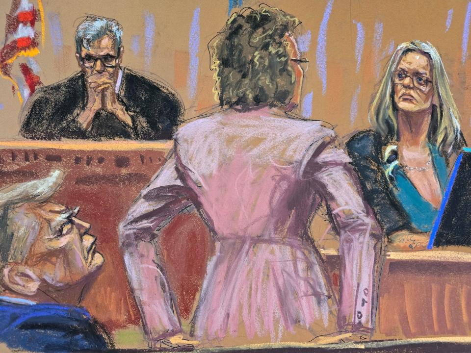 A court sketch shows defense lawyer Susan Necheles questioning Stormy Daniels as Donald Trump and Judge Juan Merchan look on.