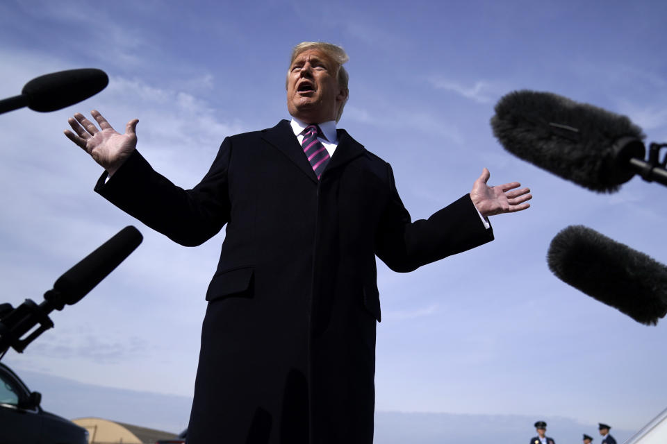 President Donald Trump talks to the media before he boards Air Force One for a trip to Los Angeles to attend a campaign fundraiser, Tuesday, Feb. 18, 2020, at Andrews Air Force Base, Md. (AP Photo/Evan Vucci)