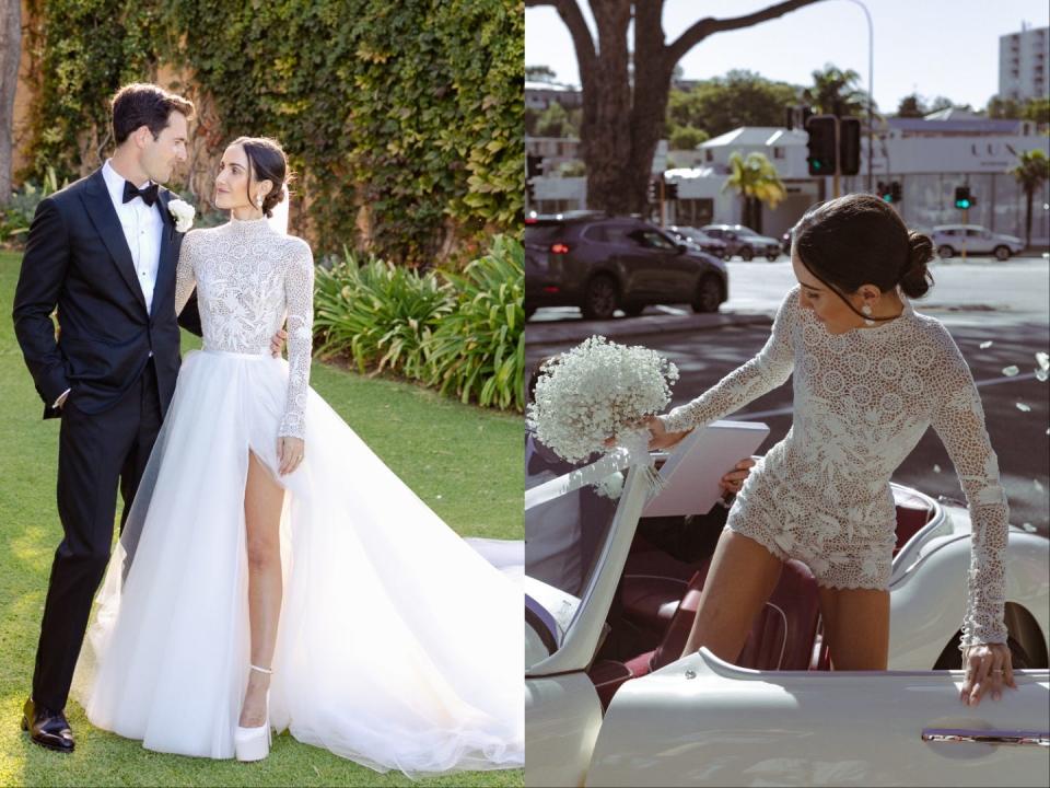 A side-by-side of a bride and groom looking at each other and the same bride climbing into a convertible.