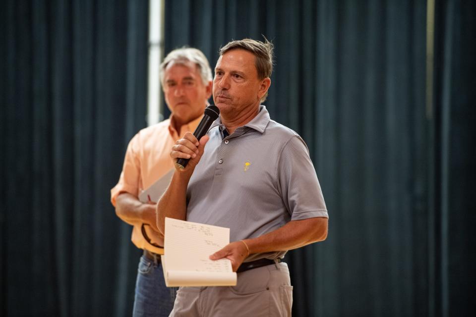 Michael Bennett of Commonwealth Golf Partners speaks to the community about upcoming changes to the Asheville Municipal Golf Course on September 1, 2022.