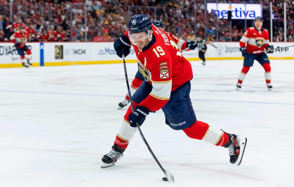 Florida Panthers left wing Matthew Tkachuk (19) takes a shot toward goal against the Boston Bruins in the first period of Game 1 of the second-round series of the Stanley Cup Playoffs on Monday, May 6, 2024, in Sunrise, Fla.