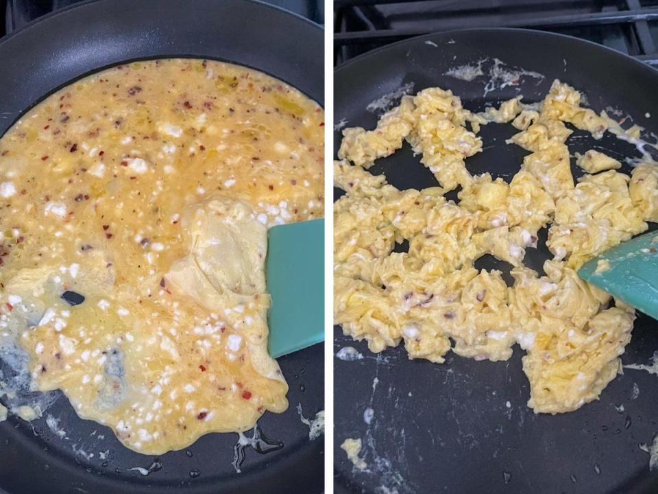 On left, pouring the cottage cheese egg mixture into the pan. On right, the eggs starting to cook.