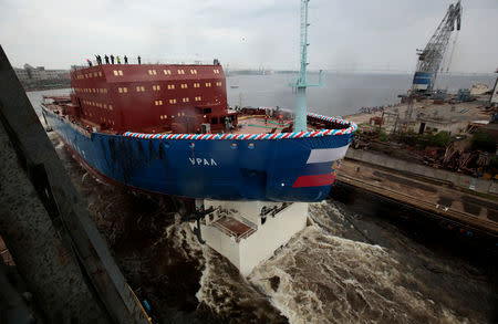 A view shows the nuclear-powered icebreaker "Ural" during the float out ceremony at the Baltic Shipyard in St. Petersburg, Russia May 25, 2019. REUTERS/Anton Vaganov
