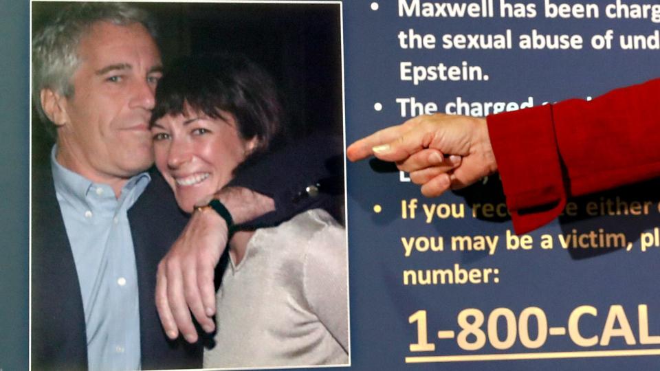 Southern District of New York displays a photo of Jeffrey Epstein and Ghislaine Maxwell at a press conference to announce charges against them for sex trafficking. A judge has now ordered the release of names associated with the case.