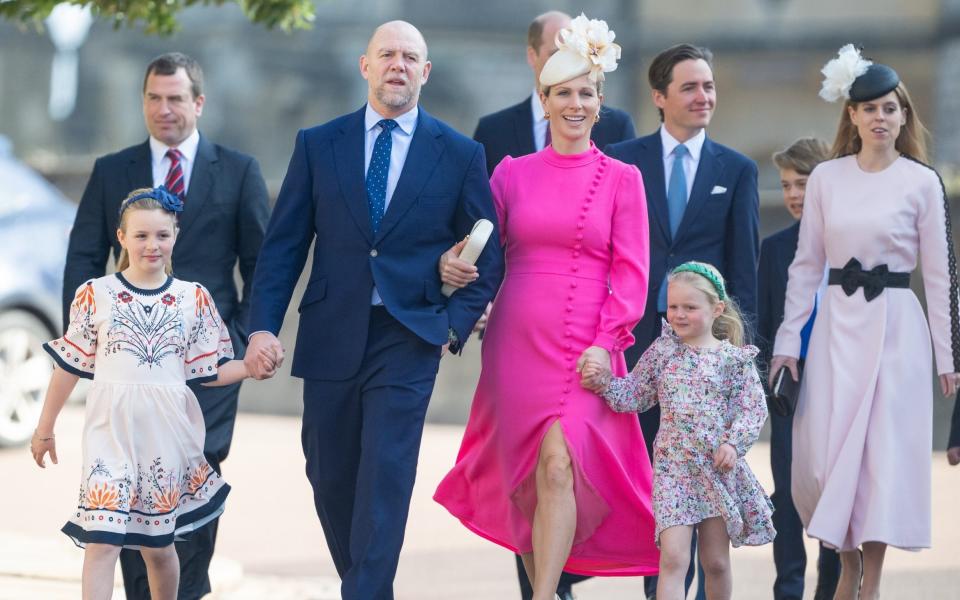 Mia Tindall, Peter Phillips, Mike Tindall, Zara Tindall, Edoardo Mapelli Mozzi, Lena Tindall and Princess Beatrice - Samir Hussein