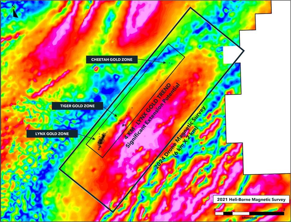 Location of the drone high-resolution magnetic survey along the Lynx Gold Trend