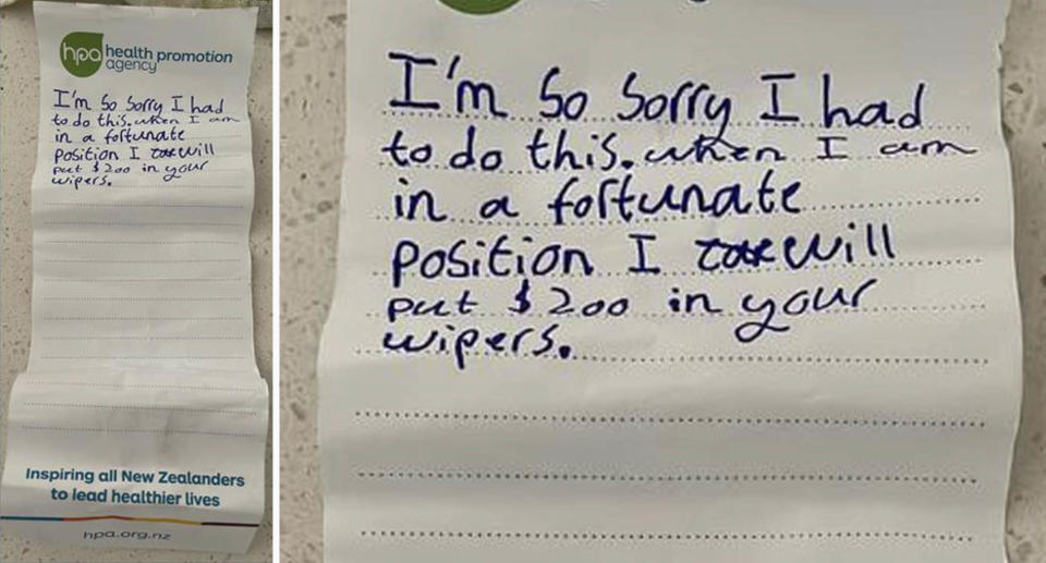 The victims said they didn't feel 'half as angry' with the thief after the offender left this desperate note. Source: New Zealand Herald