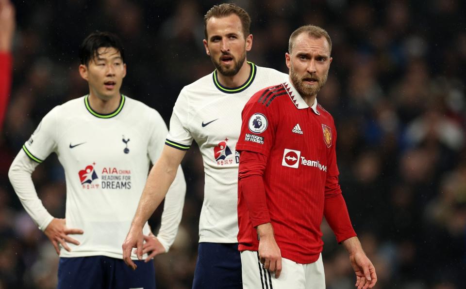 Christian Eriksen of Manchester United alongside Harry Kane and Son Heung-Min of Tottenham Hotspur during the Premier League match between Tottenham Hotspur and Manchester United at Tottenham Hotspur Stadium - Getty Images/Richard Heathcote