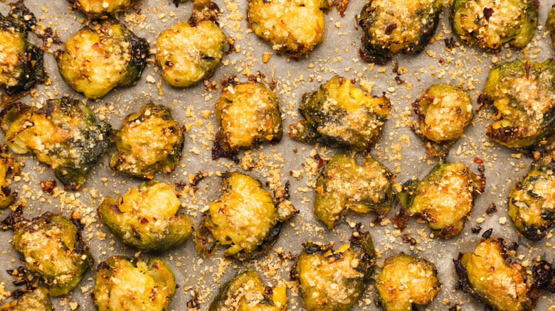 Crispy smashed Brussels sprouts on baking sheet