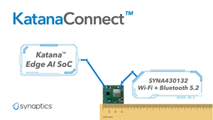 Measures 33 x 32 mm.  KatanaConnect is the industry's first ultra-micro SoM that offers low-power, AI-enabled computer vision and acoustic sensing capability with built-in Wi-Fi/Bluetooth connectivity.