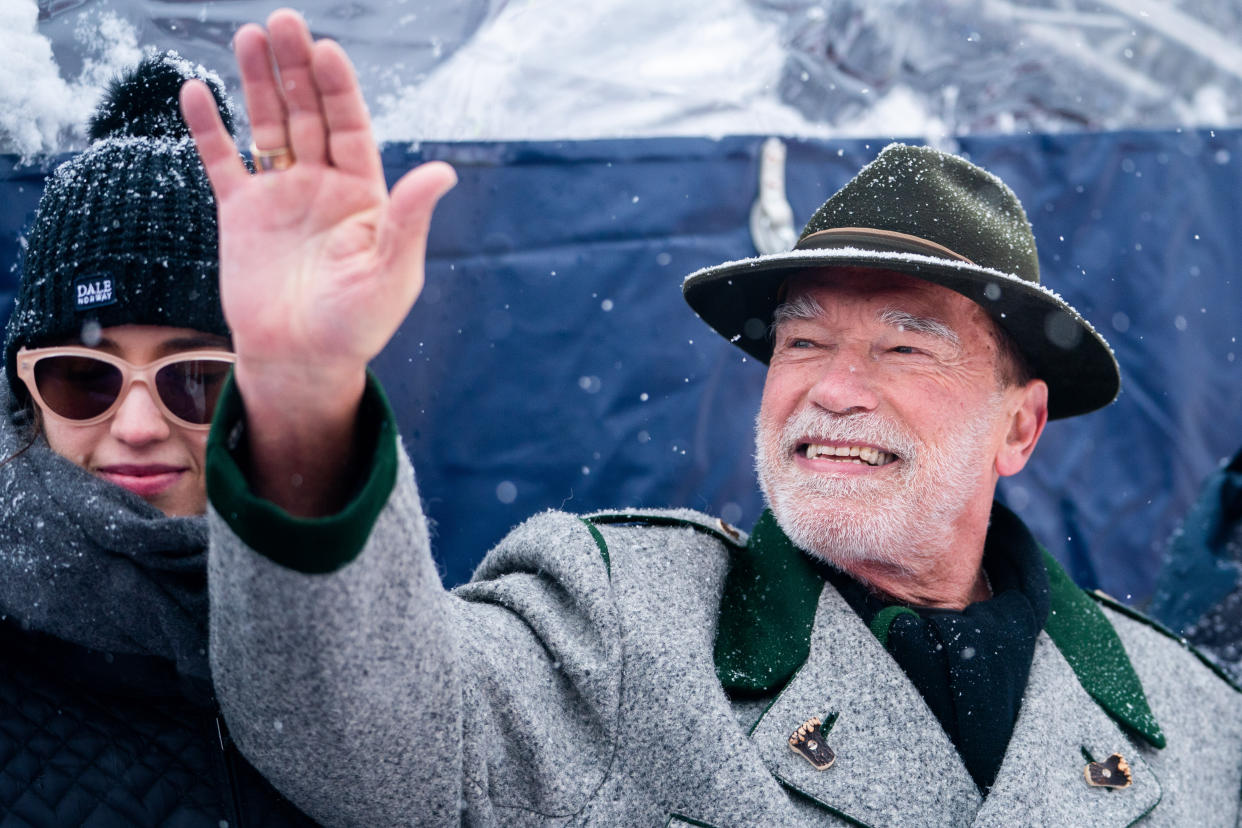 KITZBUHEL, AUSTRIA - JANUARY 21: Arnold Schwarzenegger at the finish of the downhill race of the 83rd Hahnenkamm Race at Kitzbuehel, Austria on January 21, 2022 (Photo by Mine Kasapoglu/Anadolu Agency via Getty Images)