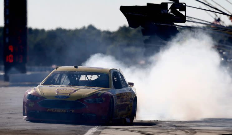 Joey Logano had to head to pit road three times instead of one for his final pit stop of the day. (Getty)