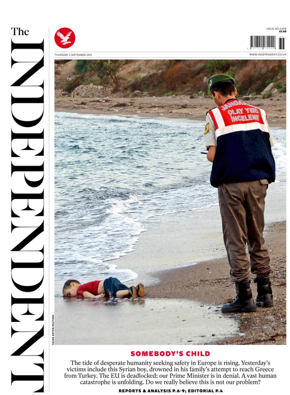 Our evocative front page, from September 2015, showing a photograph of refugee Alan Kurdi’s body (The Independent)