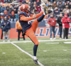 FILE - In this Nov. 11, 2017, file photo, Illinois punter Blake Hayes (14) kicks the ball during an NCAA college football game against Indiana, in Champaign, Ill. Hayes was selected to The Associated Press All-Big Conference team, Wednesday, Dec. 11, 2019. (AP Photo/Bradley Leeb, File)