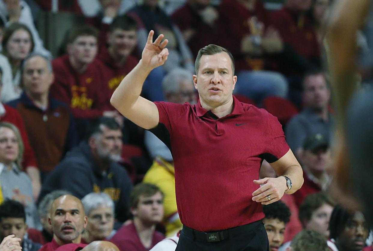 Iowa State men's basketball coach T.J. Otzelberger gives instructions during a Big 12 Conference game against Oklahoma on Feb. 28 in Ames. Otzelberger has his team in the NCAA Tournament for the third consecutive season.