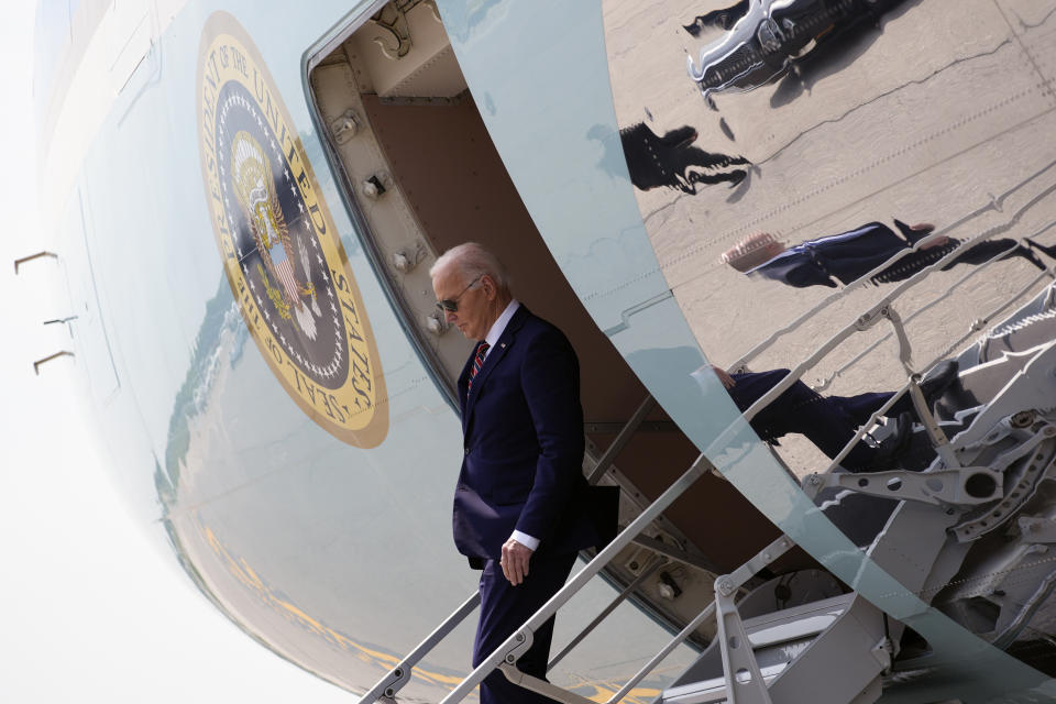 President Joe Biden arrives on Air Force One at Manchester-Boston Regional Airport, Tuesday, May 21, 2024, in Manchester, N.H. (AP Photo/Alex Brandon)