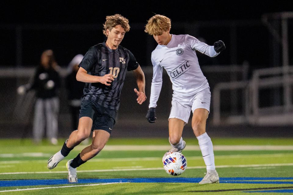 New Albany's Kaden Kist (10) battles Dublin Jerome's Darren Seikel (1) during a Division I regional semifinal Wednesday night at Hilliard Bradley.