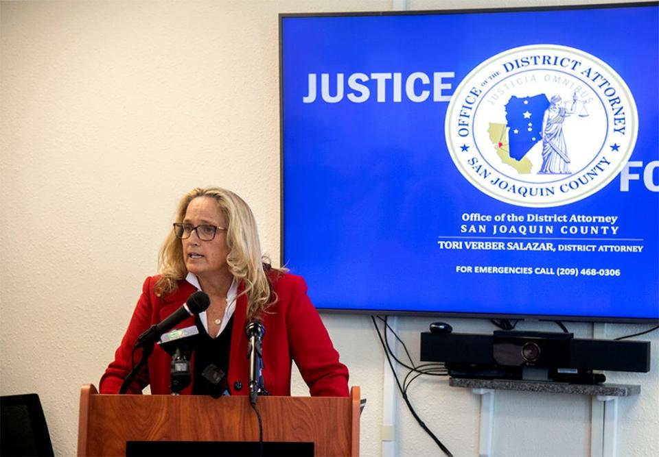 San Joaquin County District Attorney Tori Veber Salazar holds a press conference to announce the indictment of 2 former Stockton Police officers who are charged in the brutal beating of then 17-year-old Devin Carter during a traffic Stockton in December of 2020. 