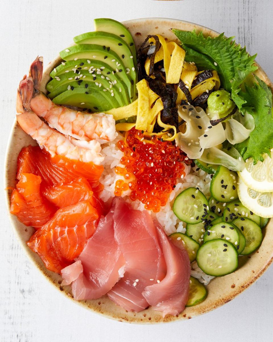 chirashi bowls with salmon, tuna and shrimp