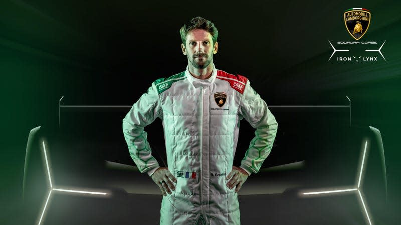 Romain Grosjean posing in front of Lamborghini's LMDh concept drawing