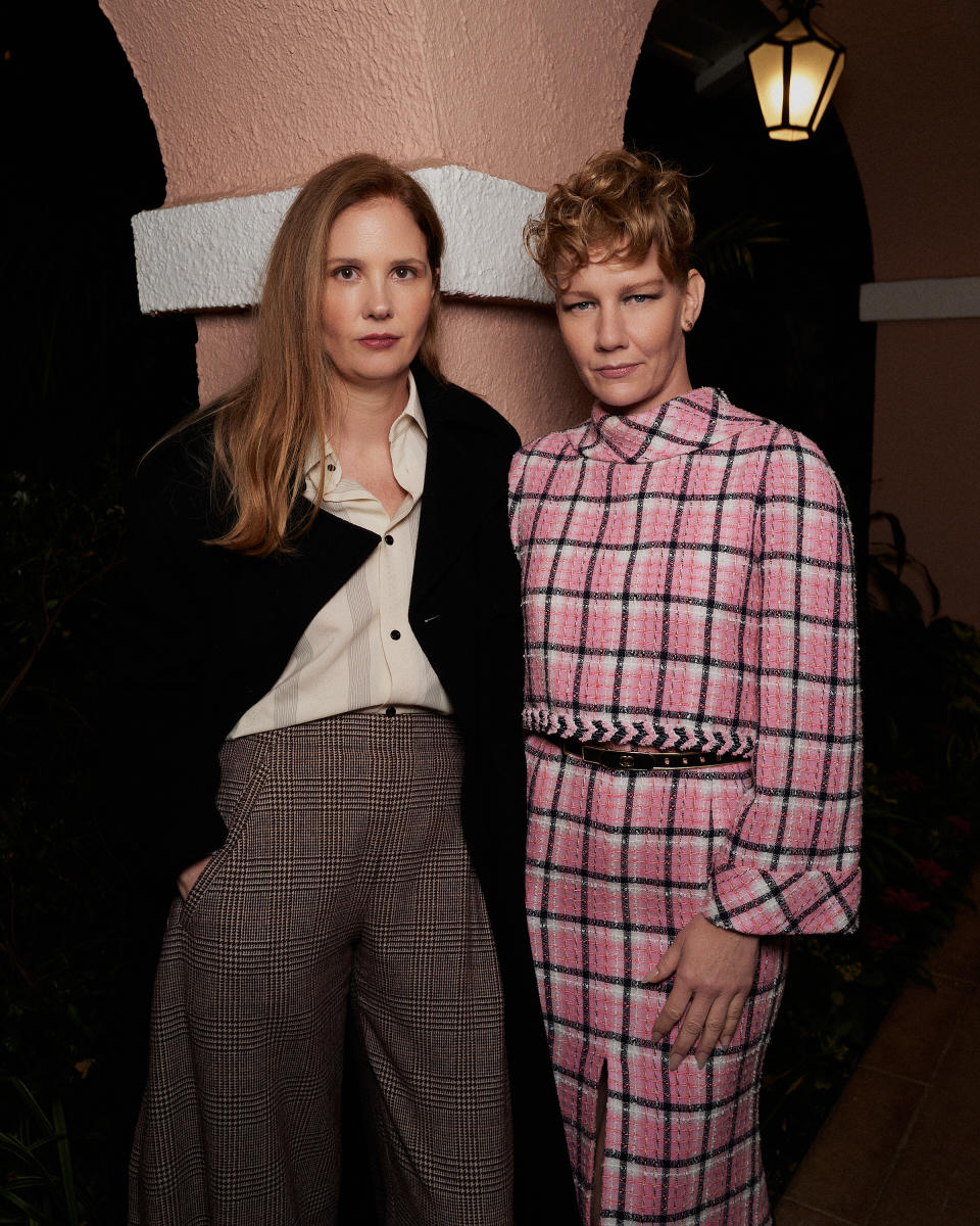 Justine Triet and Sandra Hüller, wearing Chanel, attends the Chanel and Charles Finch 15th annual pre-Oscars dinner at the Beverly Hills Hotel's Polo Lounge on March 9, 2024.