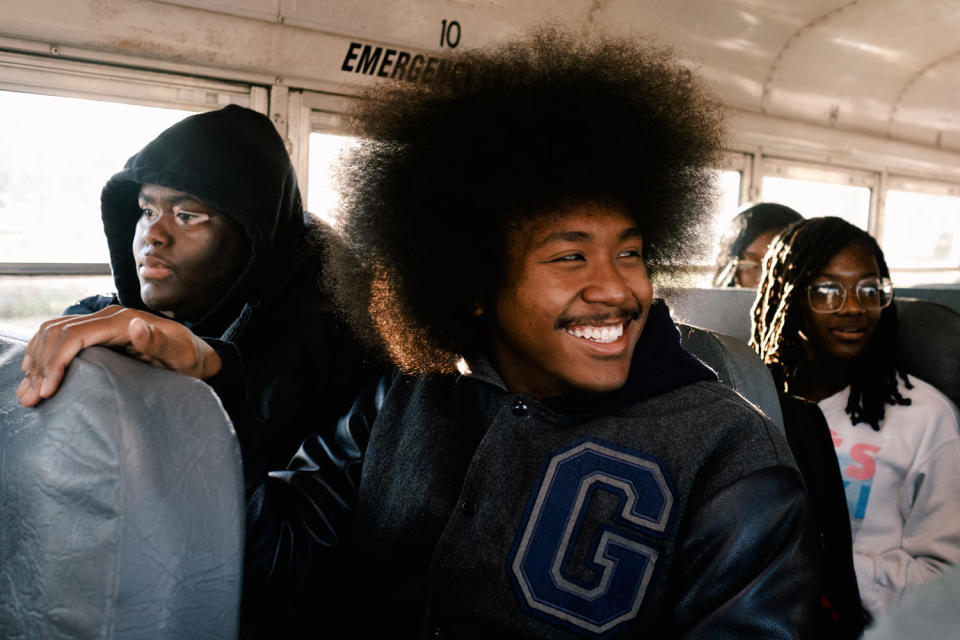 Justice Alexander, a student at Granby High School, on the bus headed to Fort Monroe on Jan. 11. (Kyna Uwaeme for NBC News)