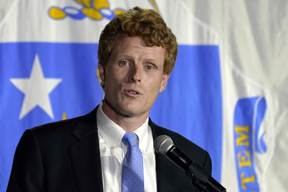 U.S. Rep. Joe Kennedy III speaks outside his campaign headquarters in Watertown, Mass., after conceding defeat to incumbent U.S. Sen. Edward Markey, Tuesday, Sept. 1, 2020, in the Massachusetts Democratic Senate primary. (AP Photo/Charles Krupa)