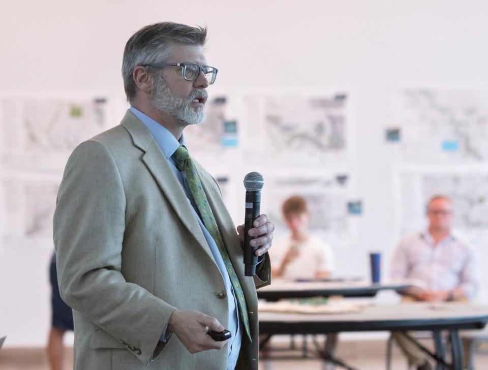 John Kiefer, national stream restoration practice lead at Wood Environment & Infrastructure Solutions, speaks during an open house May 2 to unveil 15 potential projects to restore the health of Carpenter Creek.